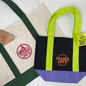 LOT Set of 2 — Trader Joe’s Canvas Tote Bags — Full Size GREEN + Mini HALLOWEEN!